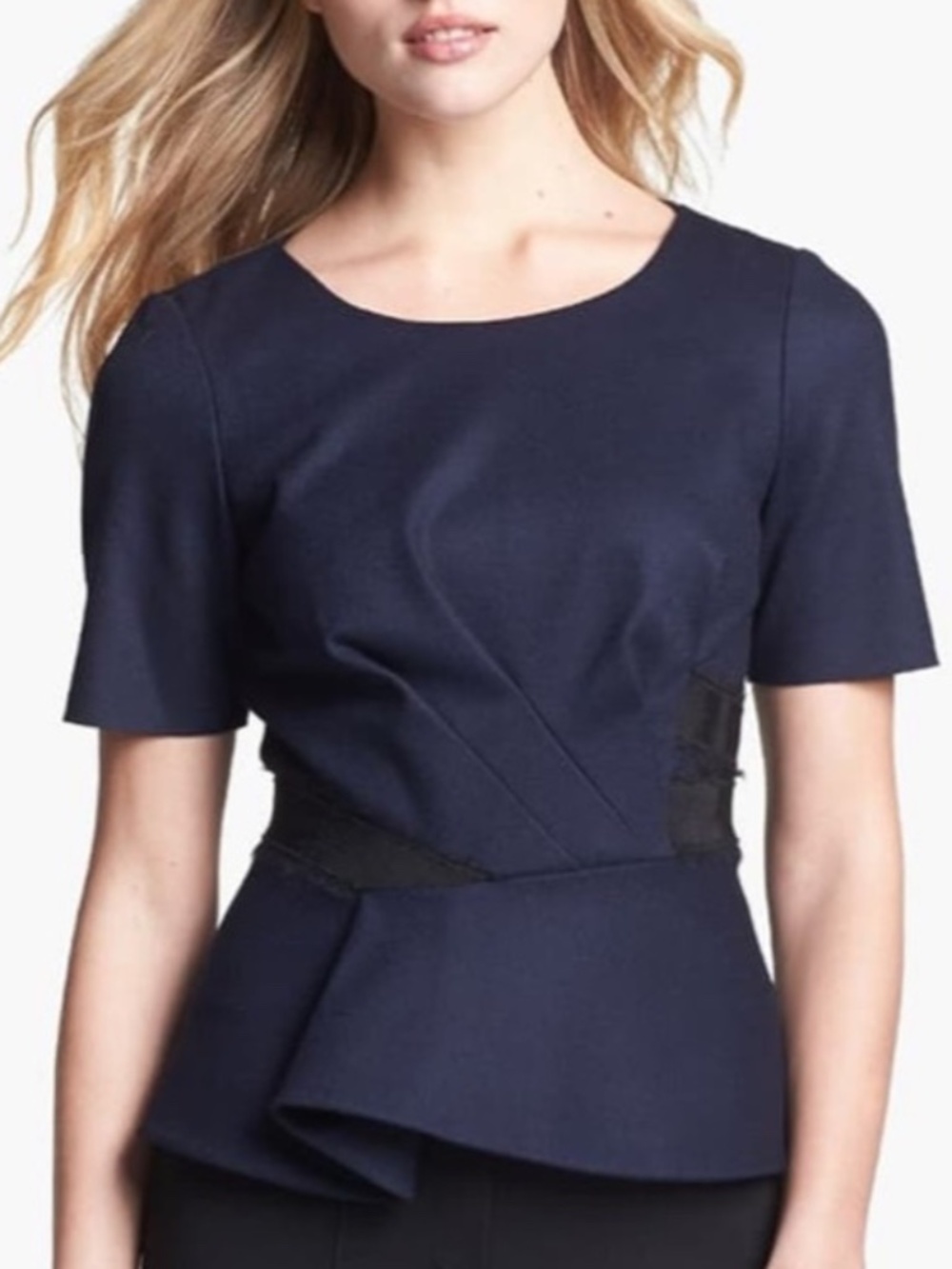Elie Tahari Colby Blouse Asymmetrical Peplum Wool-blend Navy Short Sleeve XS